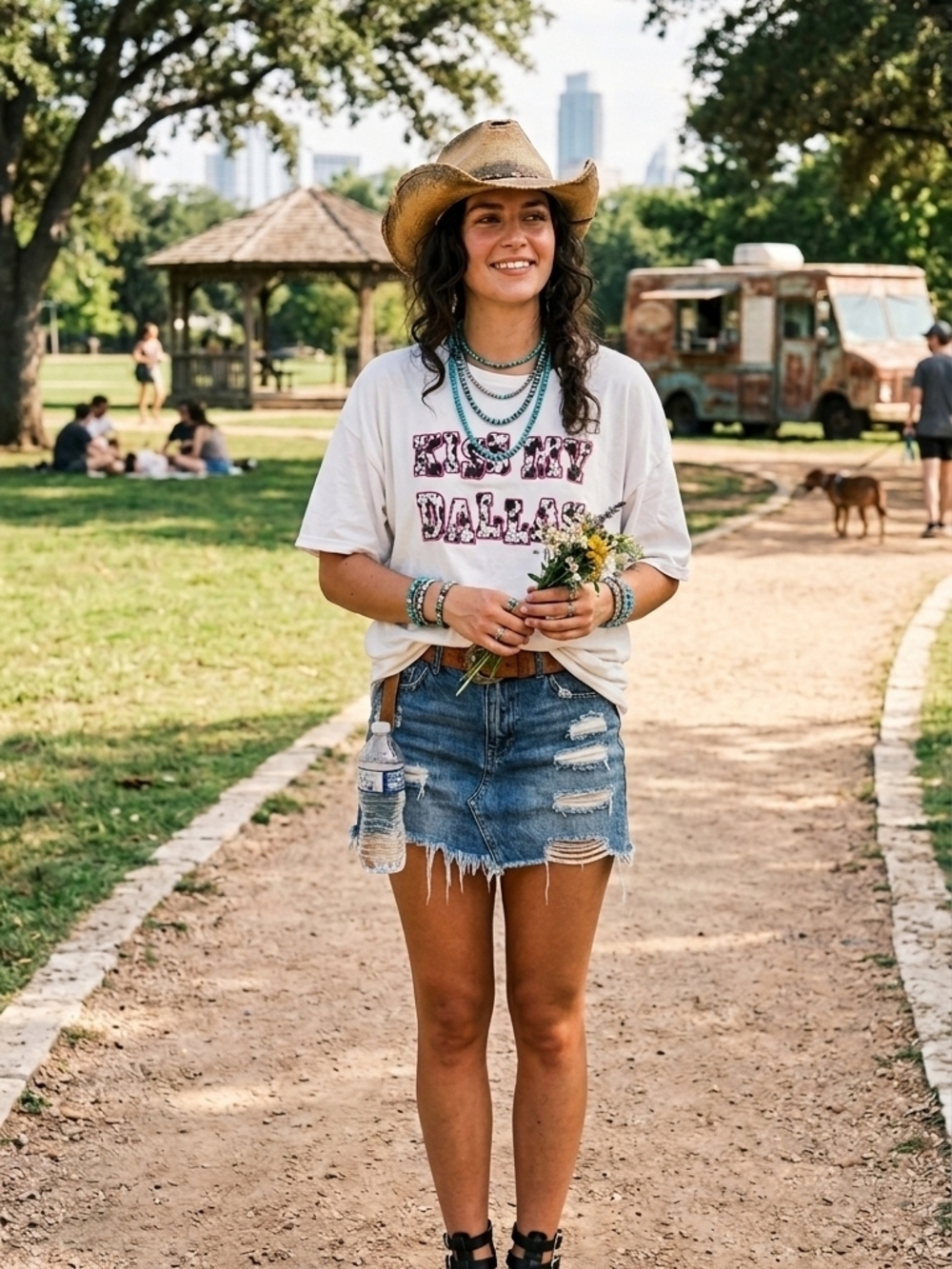 Short Sleeve Graphic Tee with 'Kiss My Dallas' in Cow Print